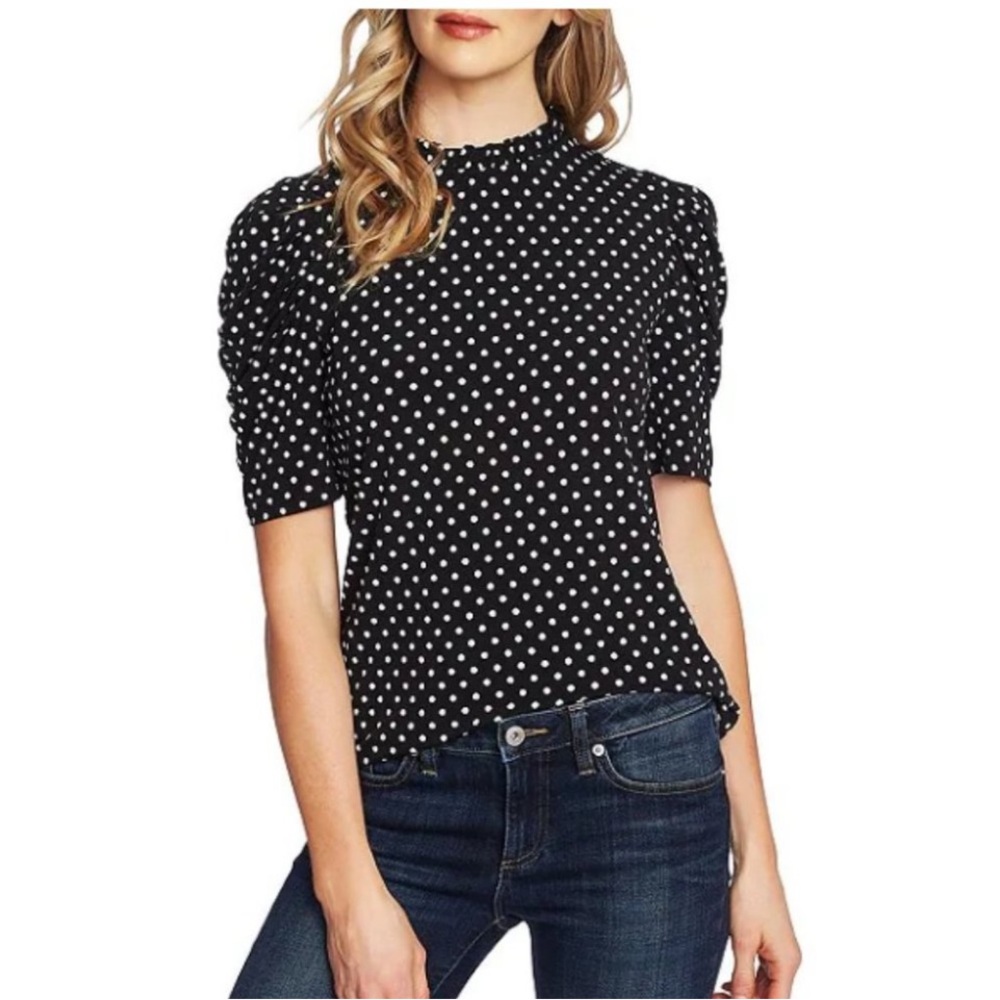 CeCe Black and White Polka Dot Puff Sleeve Blouse